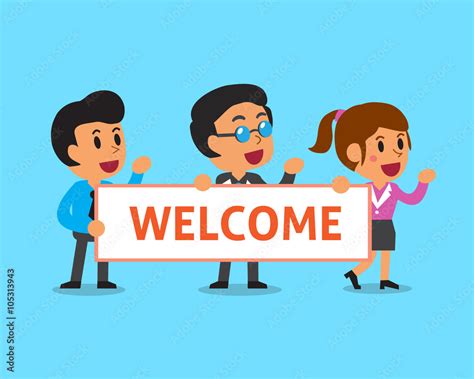 Cartoon business team holding welcome sign Stock Vector | Adobe Stock