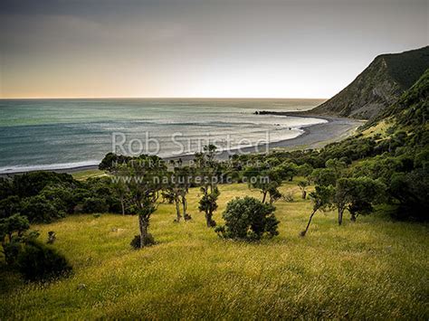 Moody south Wairarapa coastline at dusk. Windy Point and Mukamukaiti ...