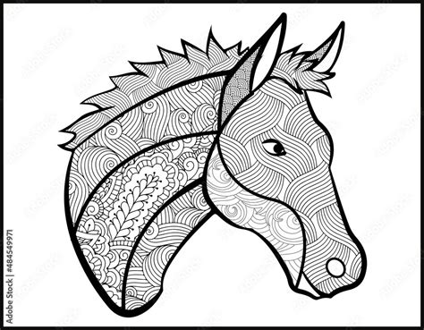 A coloring page of mustang horse. stylized hand-drawn Head horse ...