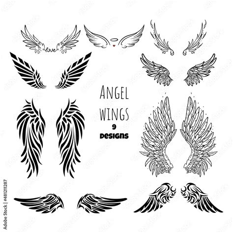 Angel wings tattoo collection. Isolated black stencils. Romantic doodle ...