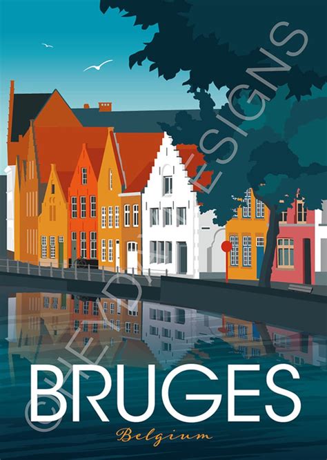 Bruges Travel Poster Print Vintage Belgium Brugge | Etsy