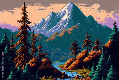 Pixel Art Landscape of a River in a Pine Forest in the Mountains. [Sci ...