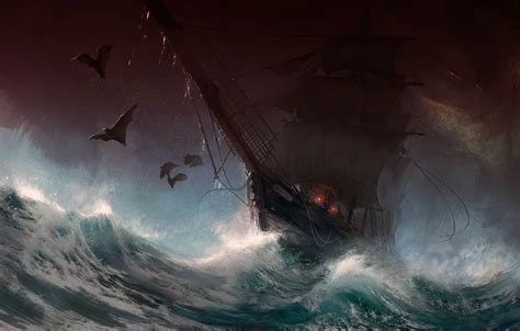 Wallpaper dark, fantasy, storm, rain, sea, art, painting, ship, digital ...