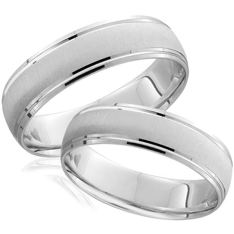 White Gold Brushed Wedding Band Set Matching Mens Womens Rings 14k 6/5MM