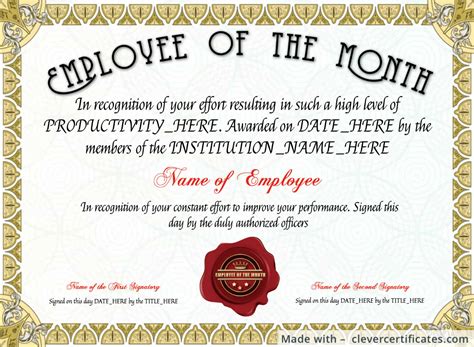 Employee Of The Month Certificate Template