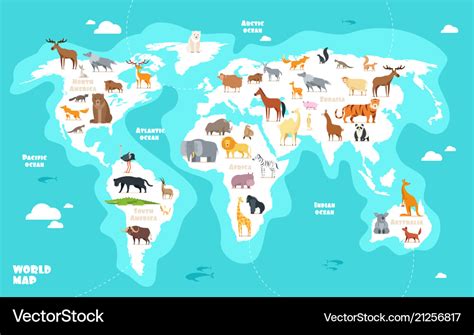 World map with animals earth discovery funny kids Vector Image