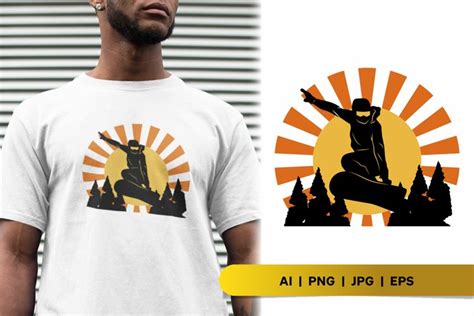 Snowboarder & Forest Silhouette on Shining Sun Retro Art