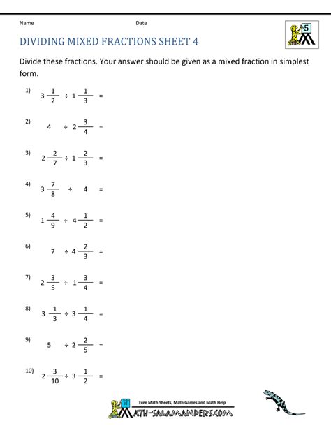 Dividing Fractions Mixed Numbers Worksheet - Printable Word Searches