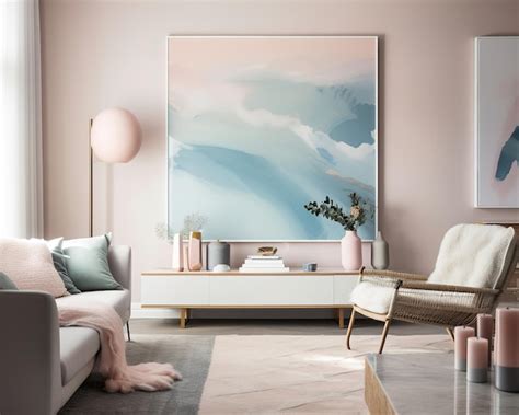 Premium Photo | A living room with a large painting of a blue sky above it.