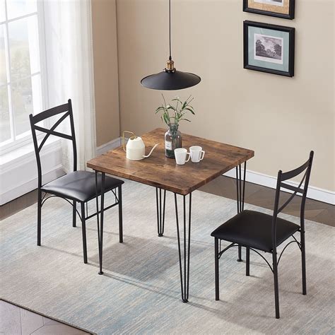 VECELO 3-Piece Wood&Metal Dining Table Set Dining Room Table with 4 ...