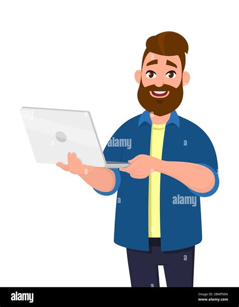 Young handsome man holding laptop computer and smiling while standing ...