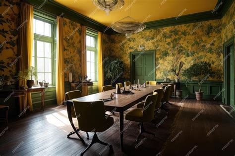 Premium AI Image | A conference room with a green and yellow wallpaper