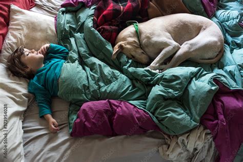 child sleeping together with dog Stock Photo | Adobe Stock