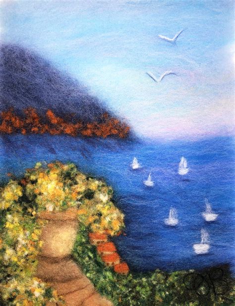 Original Wool Painting "Italy Shore" by Oksana Ball