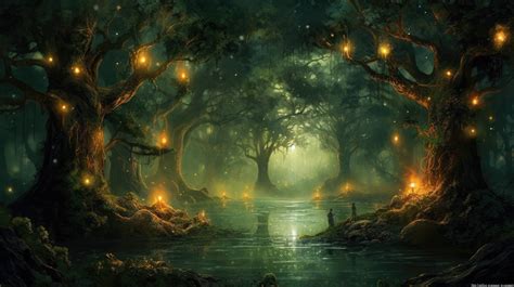 Within a mystical forest, wisps of ethereal light dance among ancient ...