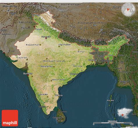 Satellite 3D Map of India, darken