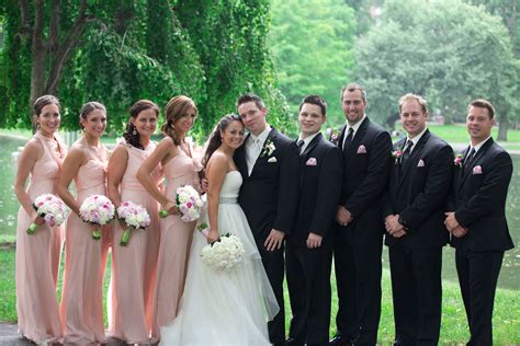 Pale Pink Bridesmaids Dresses and Black Groomsmen Tuxedos