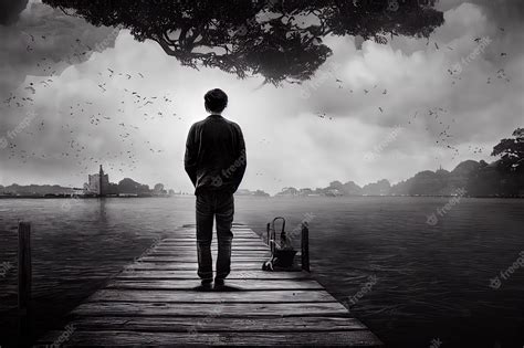 Premium Photo | Portrait of a man standing alone in a lake on the pier ...