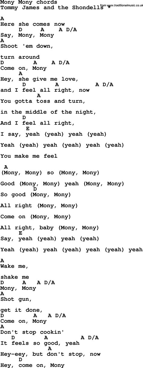 Song lyrics with guitar chords for Money Money