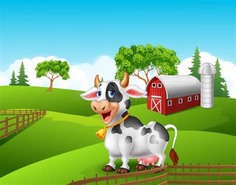 Cartoon Funny Cow In The Farm Landscape Background Stock Vector - Image ...