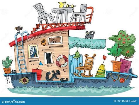 Cute boat house with stock vector. Illustration of house - 177143459