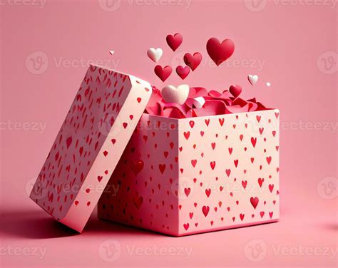 Valentine's day design. Realistic pink gift box with Love Hearts Around ...