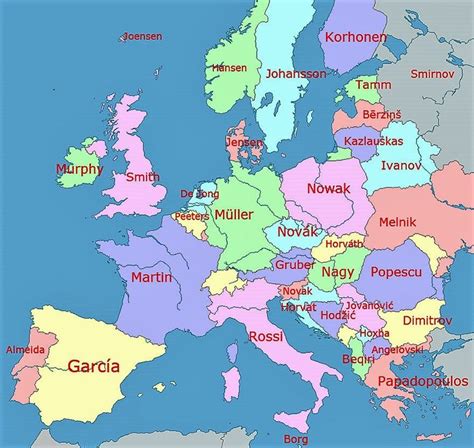 Map of the Most Popular Surnames in Europe | Map, Teaching, School pictures