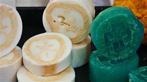 Slices of soap with loofahs inside.