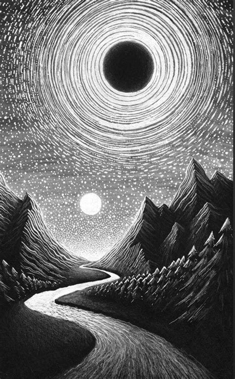 a black and white drawing of a road with stars in the night sky above it