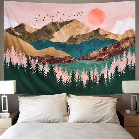 Mountain Sunset Bohemian Tapestry Wall Hanging, Tree Forest Nature ...