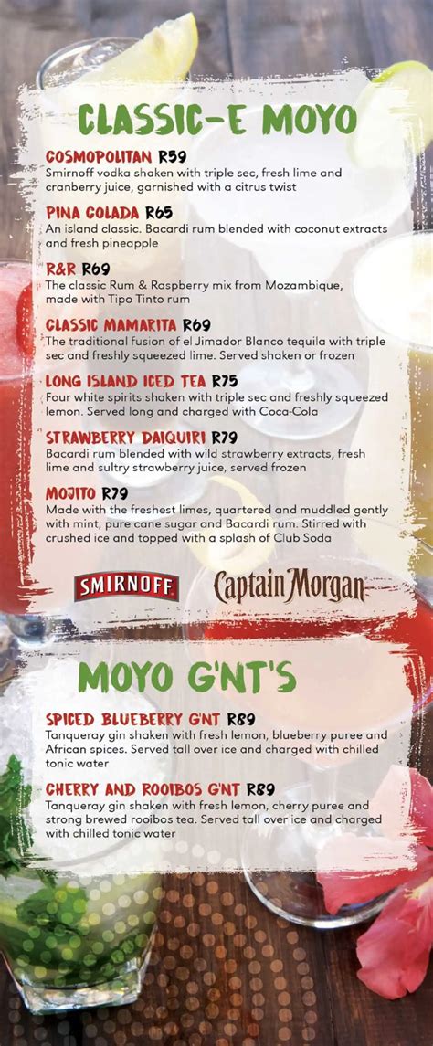 Menu at moyo Zoo Lake restaurant, Johannesburg