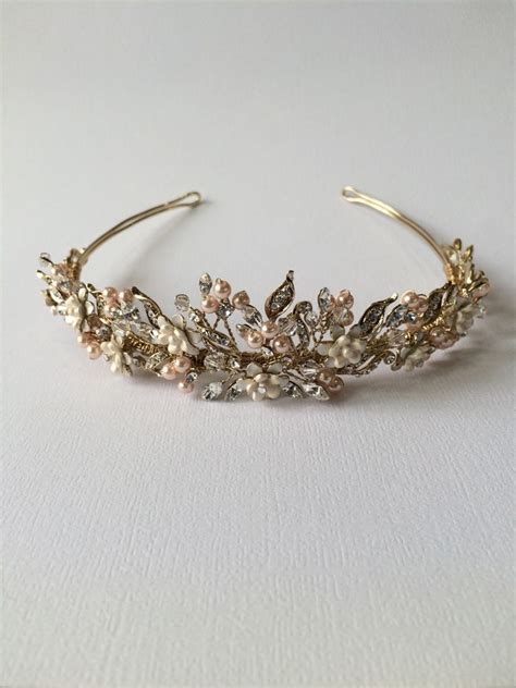 Beautiful 14k Gold Plated Tiara Champagne Pearls & Rhinestone Bridal ...