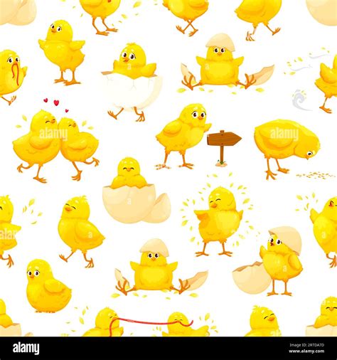 Cartoon chick characters seamless pattern. Cute yellow baby chicken ...