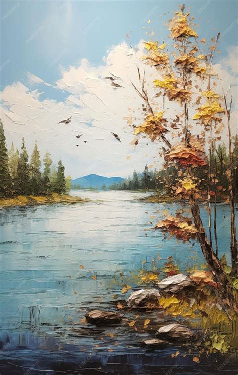 Premium AI Image | a painting of a river with a river and trees in the ...