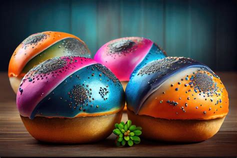 Premium AI Image | Beautiful round poppy seed buns with multicolored glaze