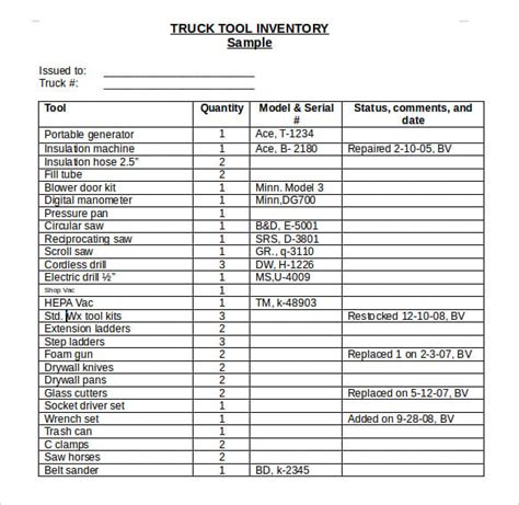 Tools And Equipment Inventory Template