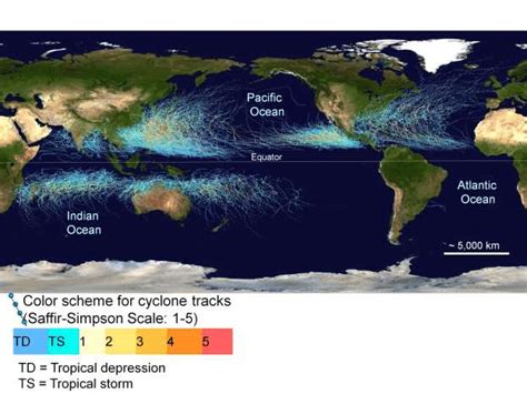 Map showing the tracks of all tropical cyclones, which formed worldwide ...