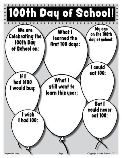 FREE Printable 100th Day of School Writing Activity | 100 days of ...