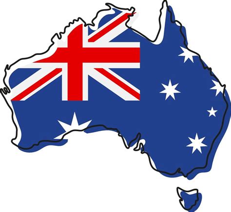 Stylized outline map of Australia with national flag icon. Flag color ...