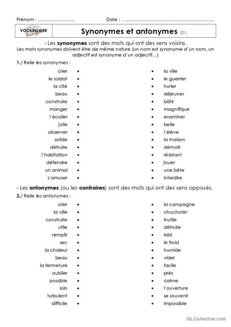 Synonymes et antonymes: Français FLE fiches pedagogiques pdf & doc