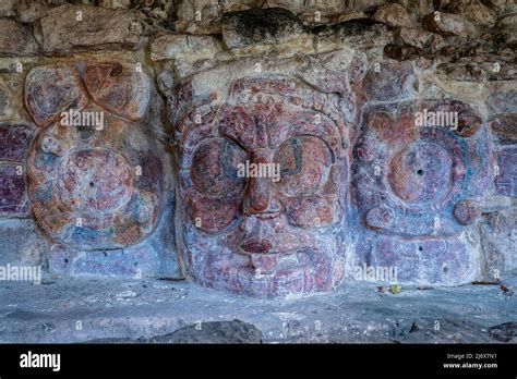 Stucco mask of the mayan Sun God, Kinich Ahau, in the temple of the ...