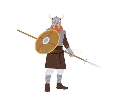 Viking Ancient Warrior Cartoon Character Holding Spear and Round Shield ...