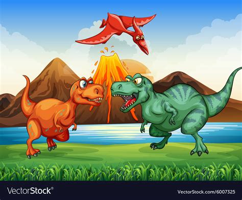 Dinosaurs fighting in field Royalty Free Vector Image