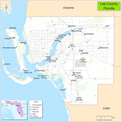 Lee County Map, Florida, USA | Check Major Cities & Towns, County Facts ...