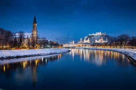 Salzburg Old Town at Twilight in Winter, Austria Stock Image - Image of ...