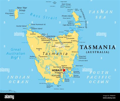 Tasmania, island state of Australia, political map with capital Hobart ...