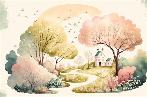 Premium Photo | Watercolor illustration of a house garden in spring ...