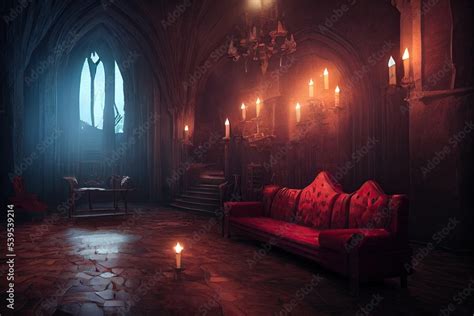 Interior of Dracula castle, victorian living room with table, sofa and ...