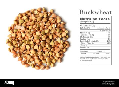 Uncooked buckwheat seeds with nutrition facts on white background Stock ...