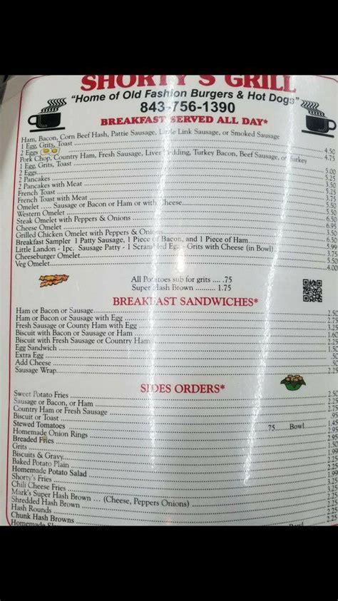 Menu at Shorty's Grill restaurant, Loris